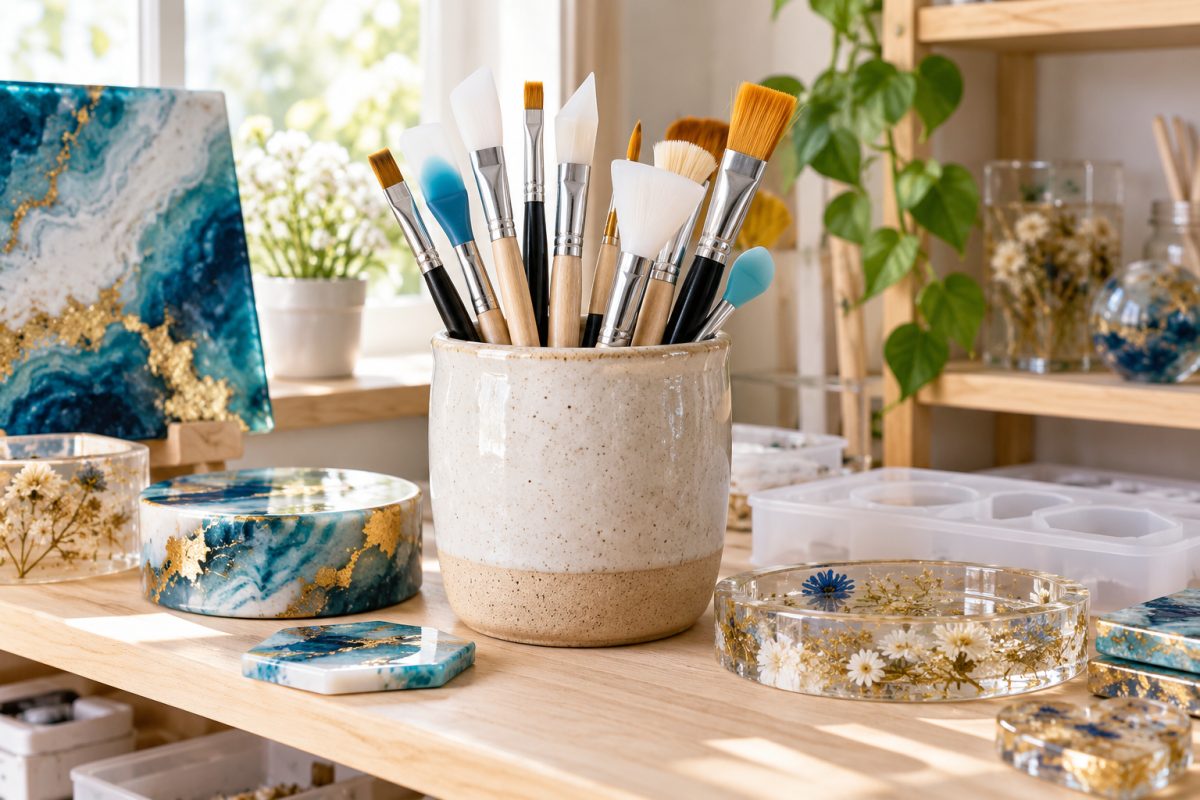 Pinceaux rangés dans un atelier résine