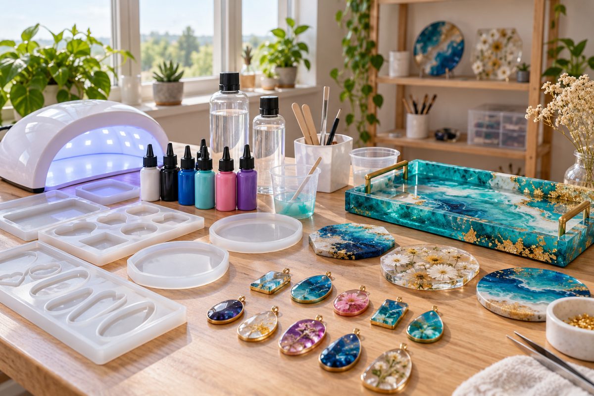 Atelier de résine avec résine UV et époxy