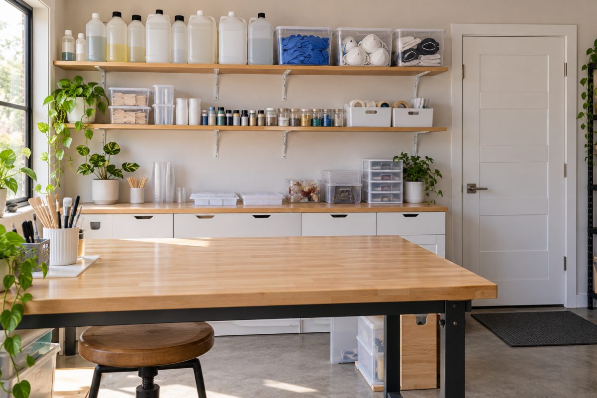 Atelier de résine rangé et sécurisé