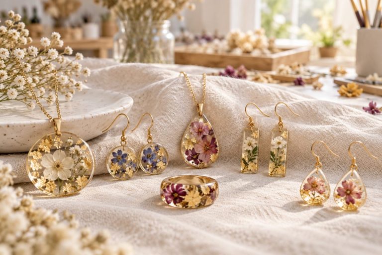 Bijoux en résine faits main avec fleurs séchées et feuilles d'or