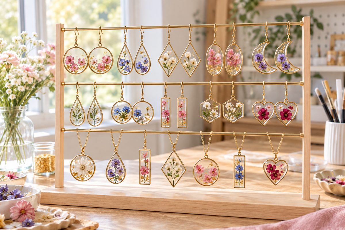 Bijoux en résine terminés réalisés avec des cadres ouverts