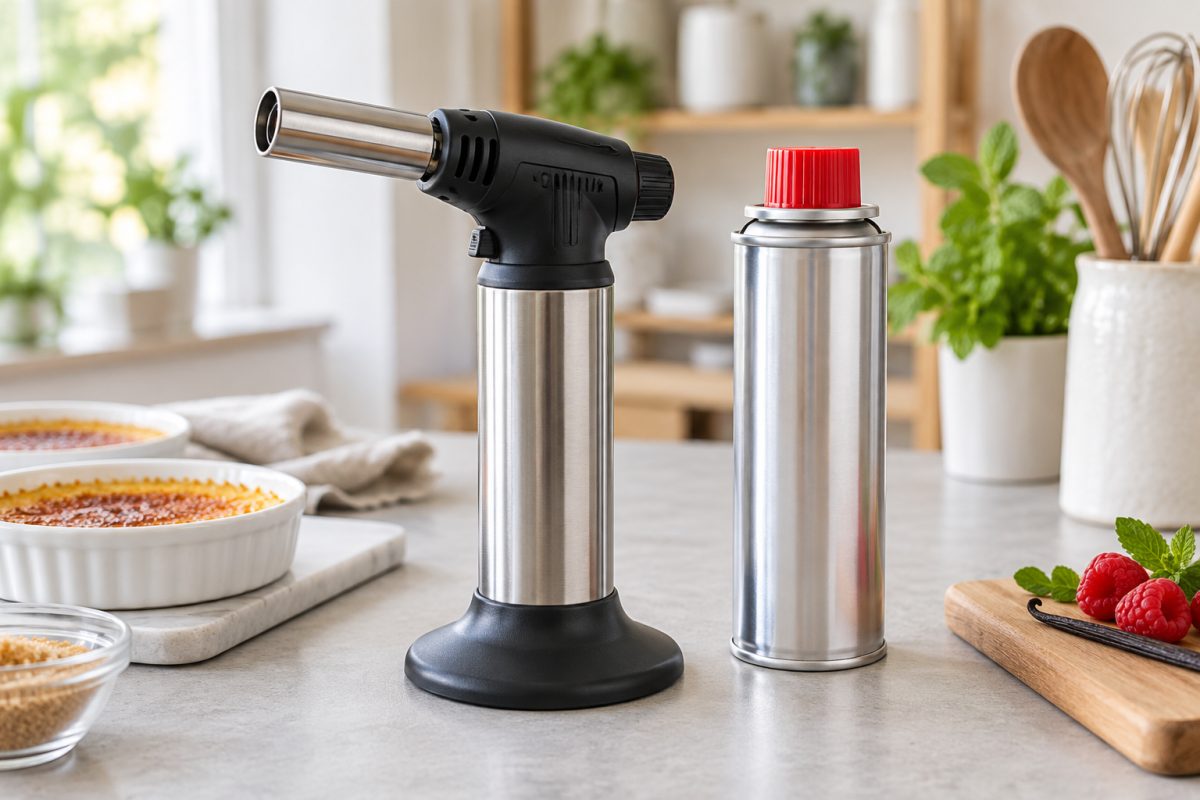 Chalumeau de cuisine posé debout sur son socle
