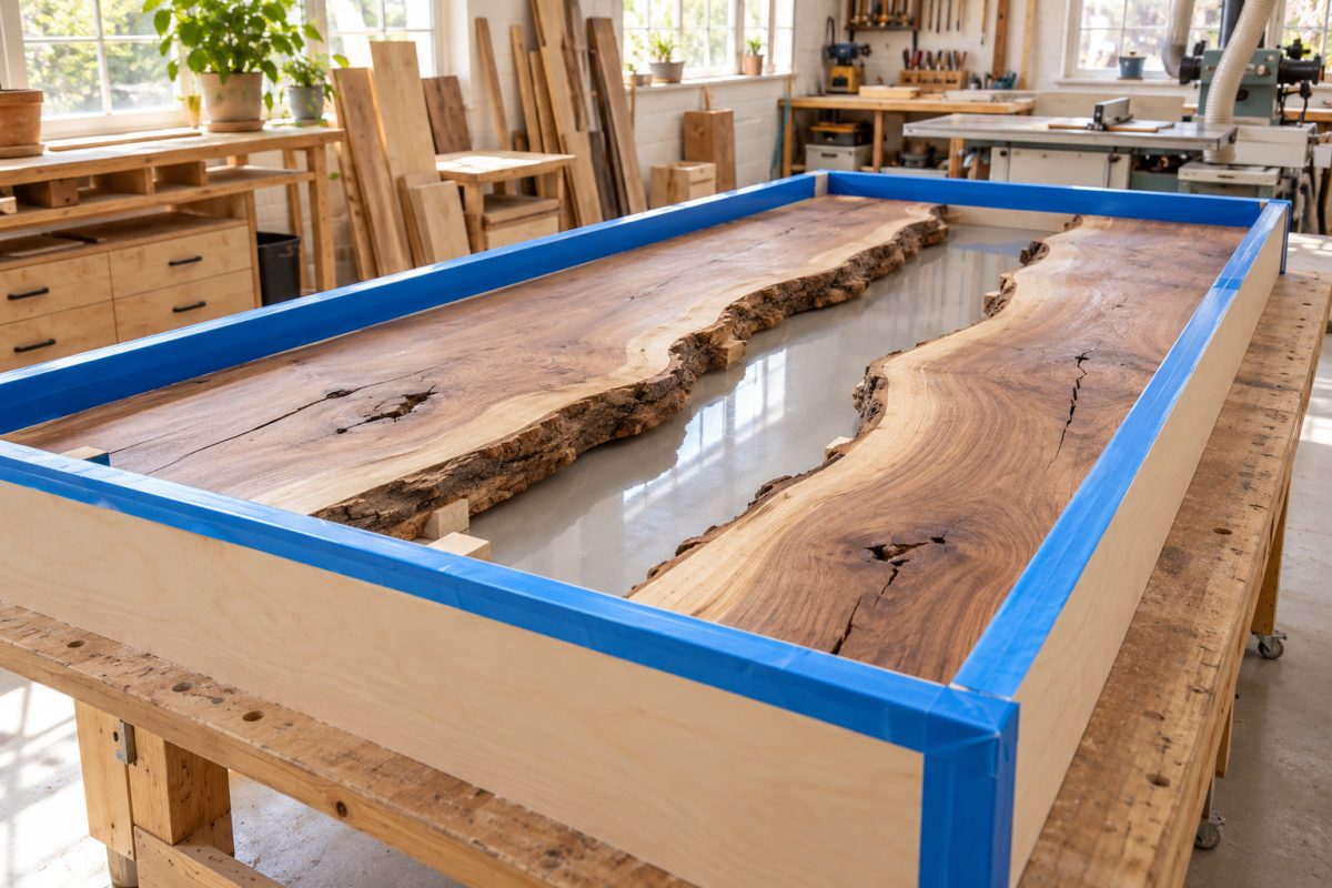 Coffrage de table en résine recouvert de ruban