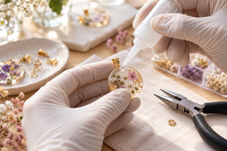 Colle à bijoux appliquée sur une bélière de pendentif en résine