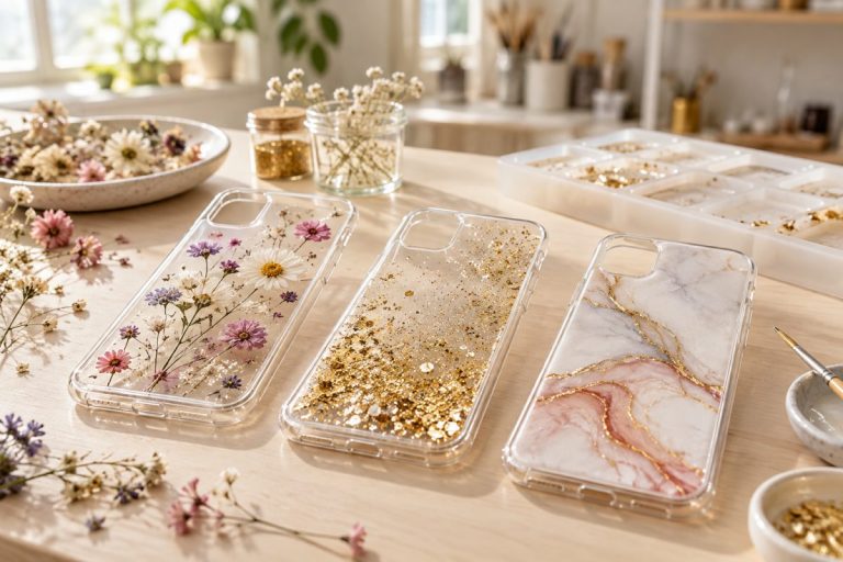 Coque en résine : coques de téléphone décorées de fleurs séchées et paillettes