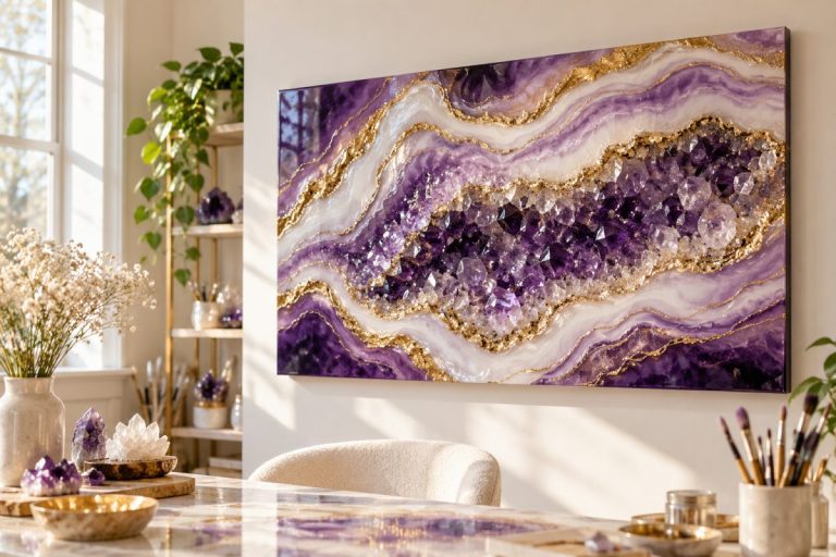 Géode en résine violette avec cristaux et contours dorés