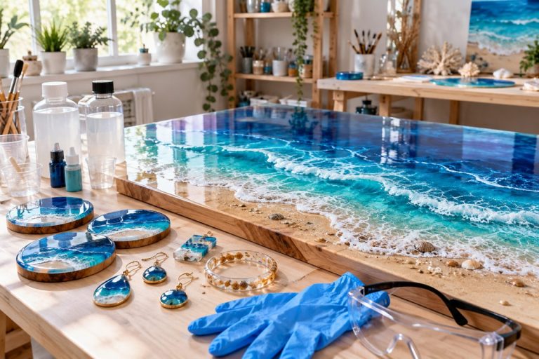Avantages et inconvénients de la résine époxy : créations en résine sur une table d'atelier