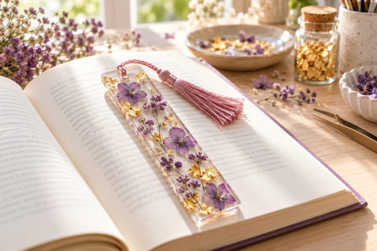 Marque-page en résine avec fleurs séchées et pompon