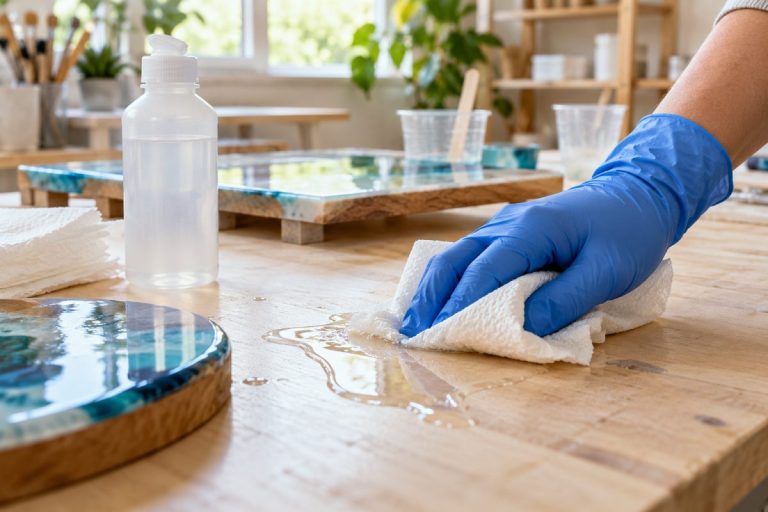Nettoyer la résine : main gantée essuyant une coulure de résine sur une table