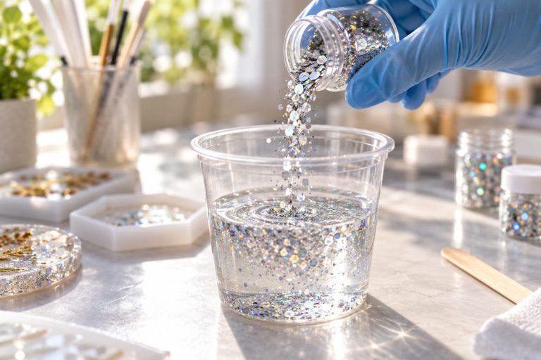 Paillettes dans la résine époxy : paillettes holographiques versées dans un gobelet de résine