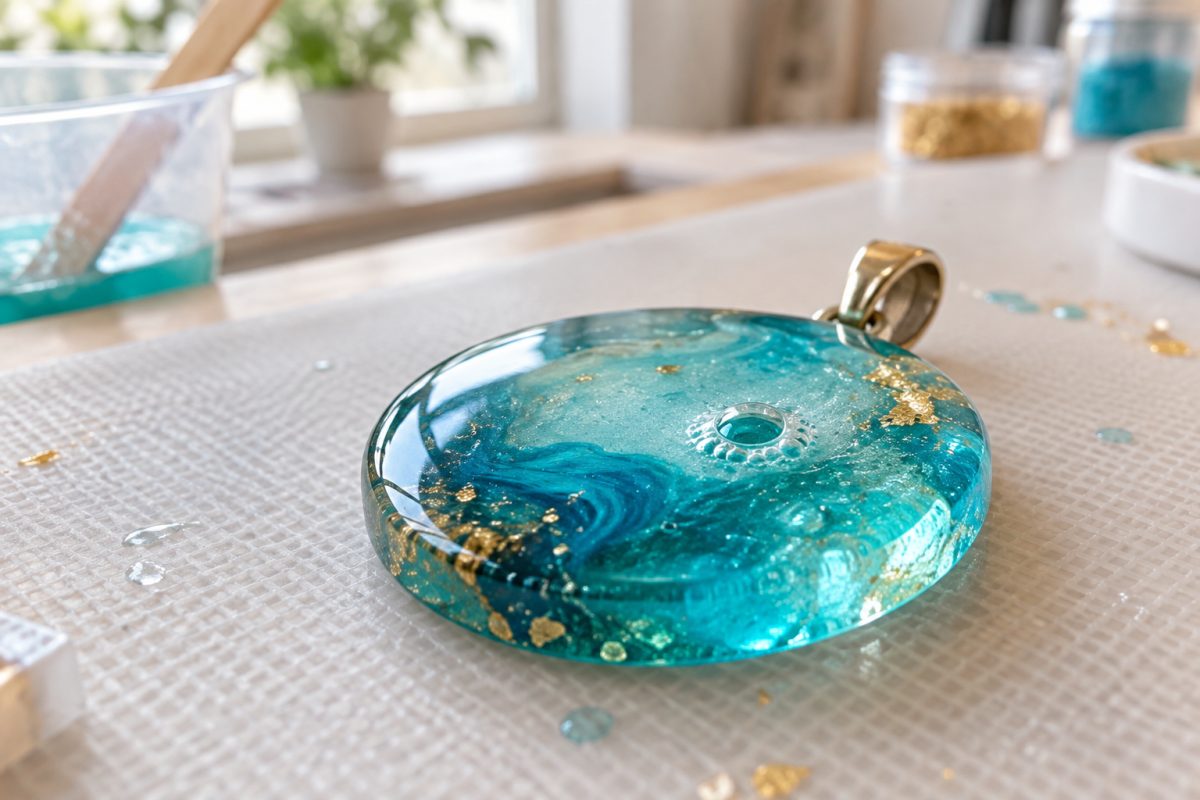 Pendentif en résine époxy avec une petite bulle en surface