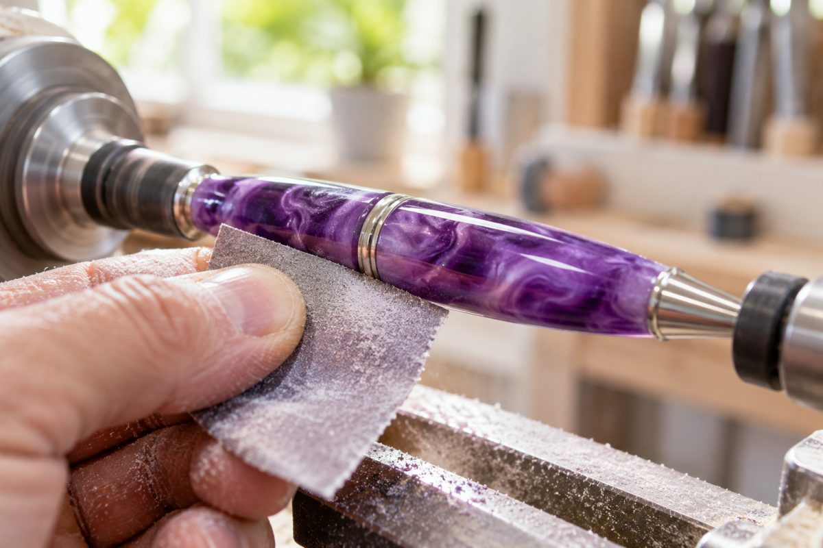 Ponçage et polissage d'un stylo en résine sur le tour