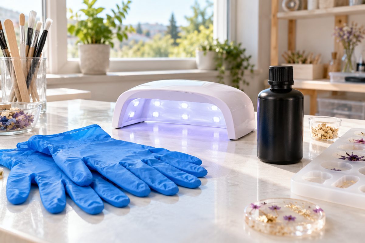 Gants nitrile et lampe UV sur un plan de travail