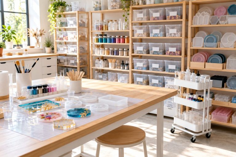 Rangement pour loisirs créatifs : atelier résine organisé