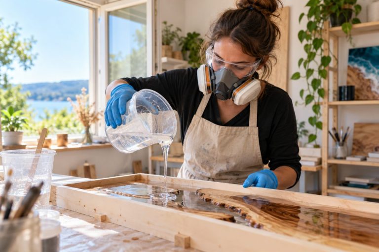 Dangers de la résine époxy pour la santé : créatrice protégée par gants, lunettes et masque