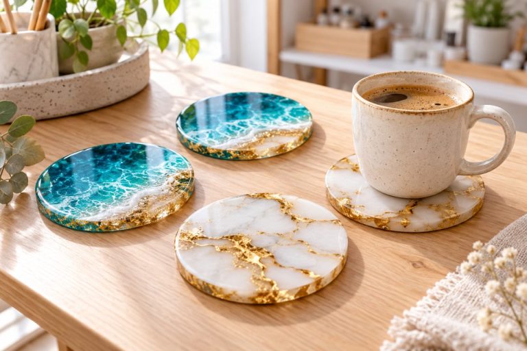 Sous-verres en résine époxy effet océan et marbre