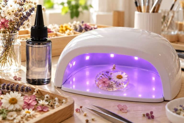 Résine UV : pendentif en résine durcissant sous une lampe UV