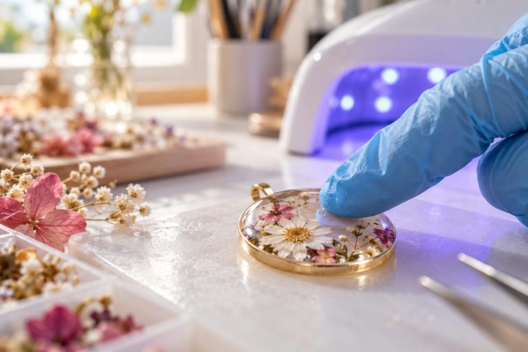 Résine UV collante : doigt ganté touchant un pendentif en résine