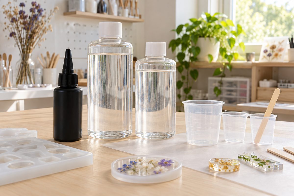 Flacon de résine UV à côté d'un kit de résine époxy
