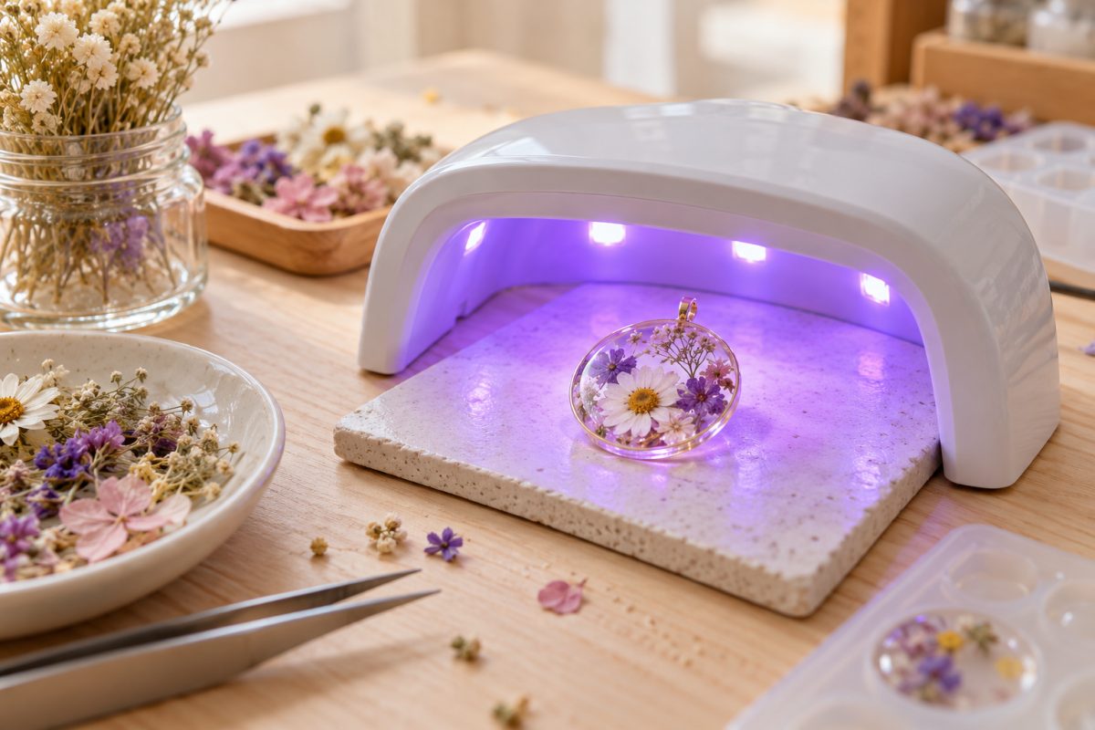 Résine UV sous une lampe UV