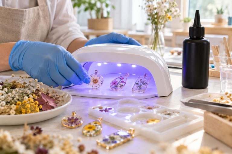 Résine UV pour bijoux durcie sous une lampe UV