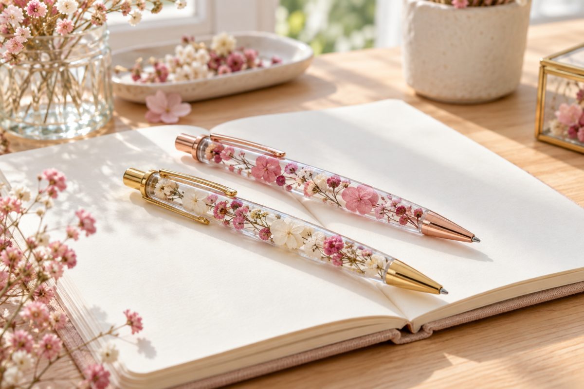Stylos en résine avec fleurs séchées