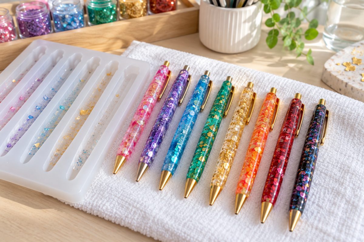 Stylos en résine moulés décorés de paillettes