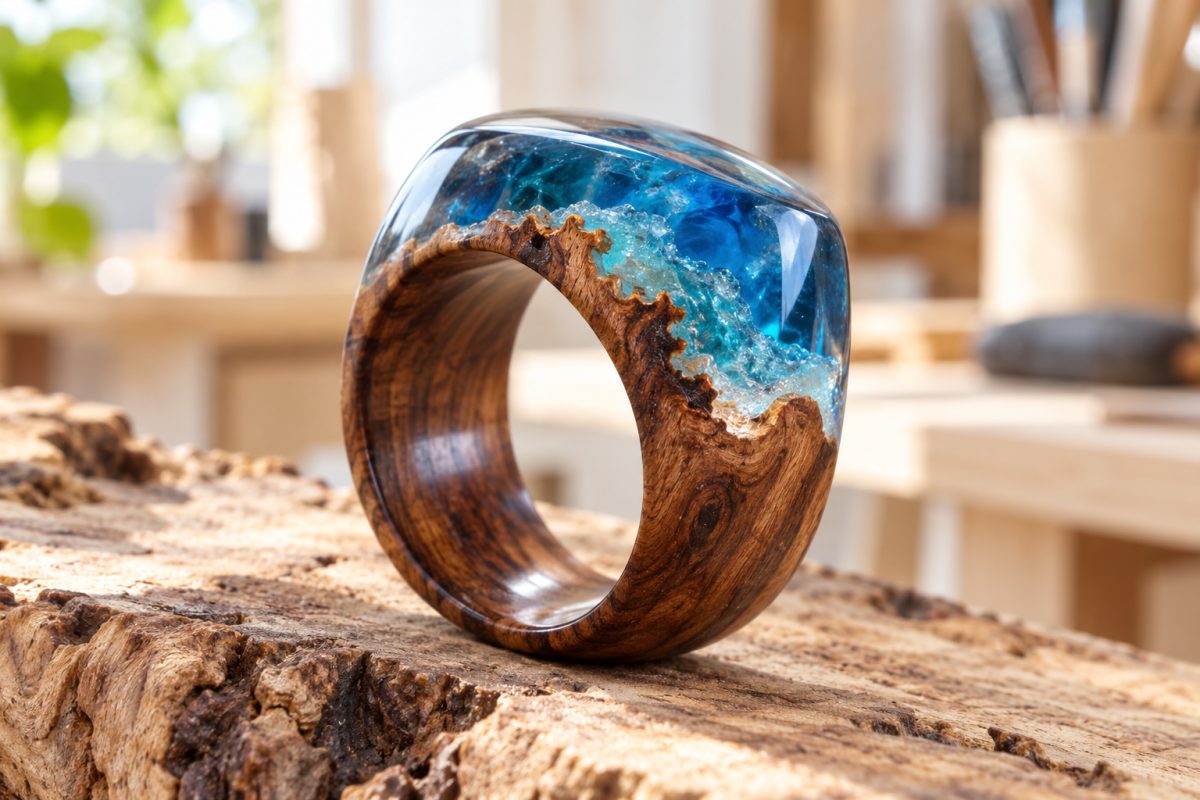 Bague bois et résine polie