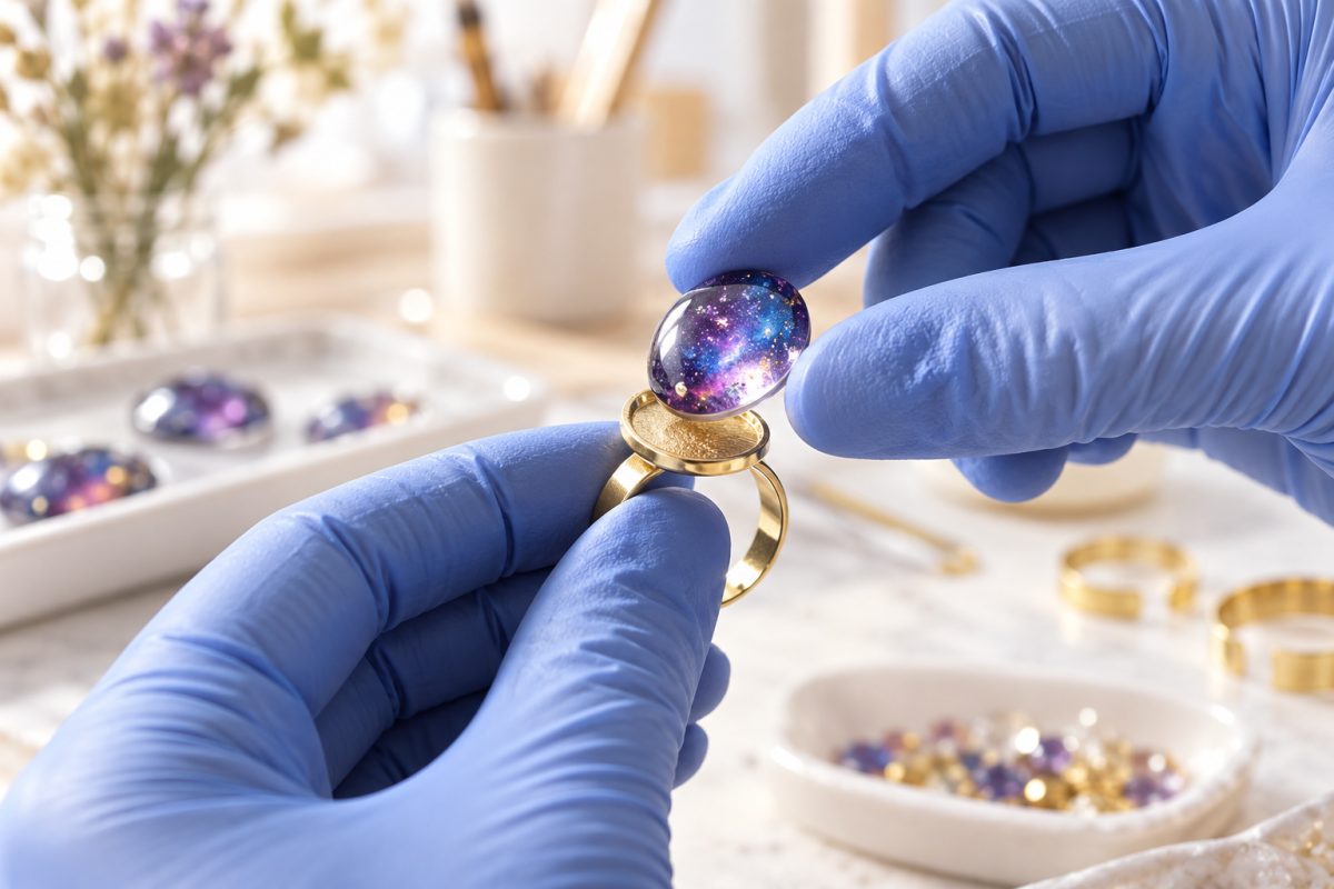 Collage d'un cabochon en résine sur un support de bague