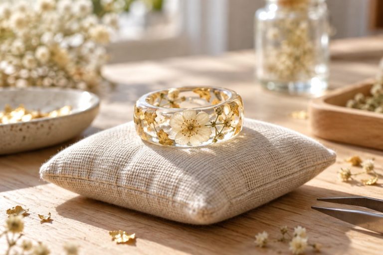 Bague en résine transparente avec fleur séchée