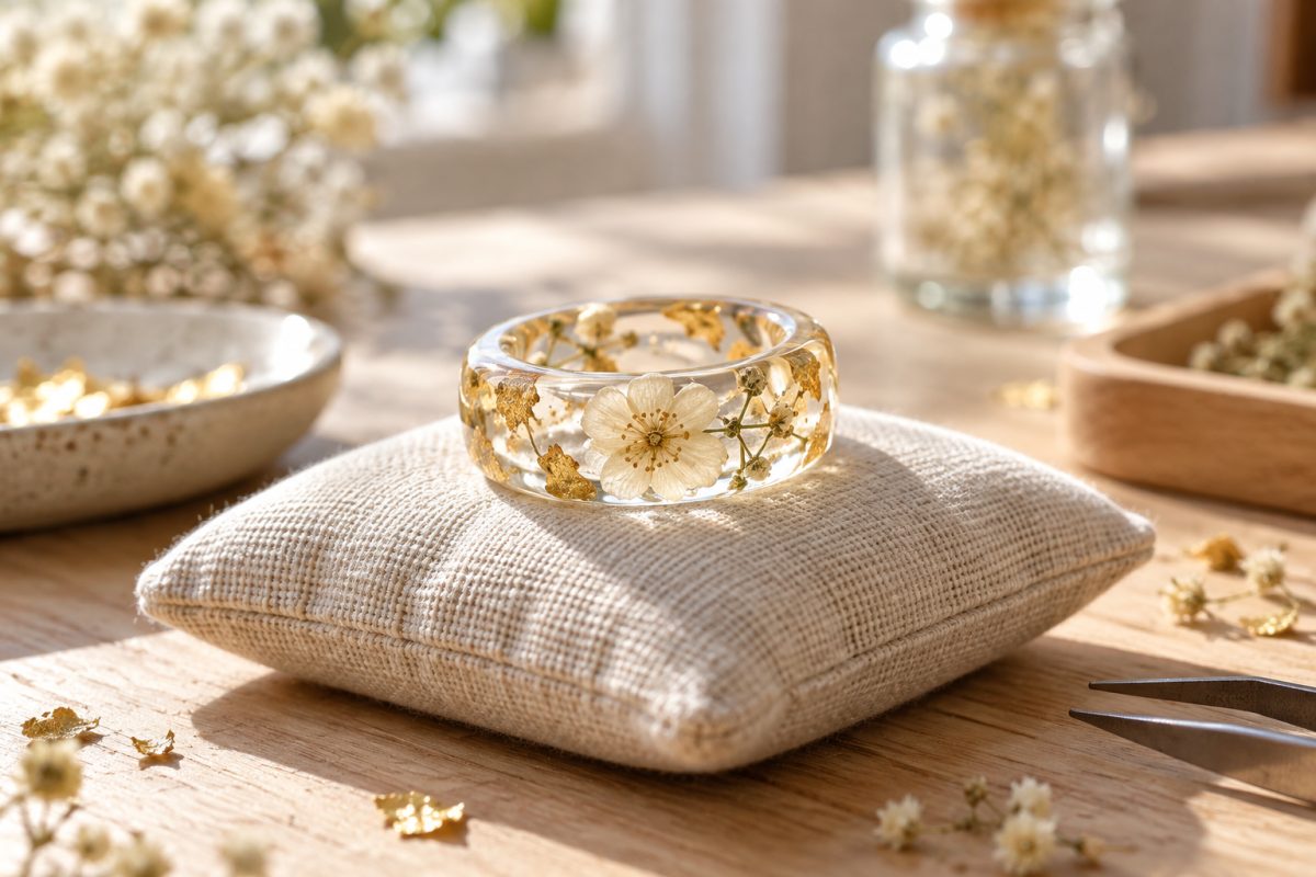Bague en résine transparente avec fleur séchée