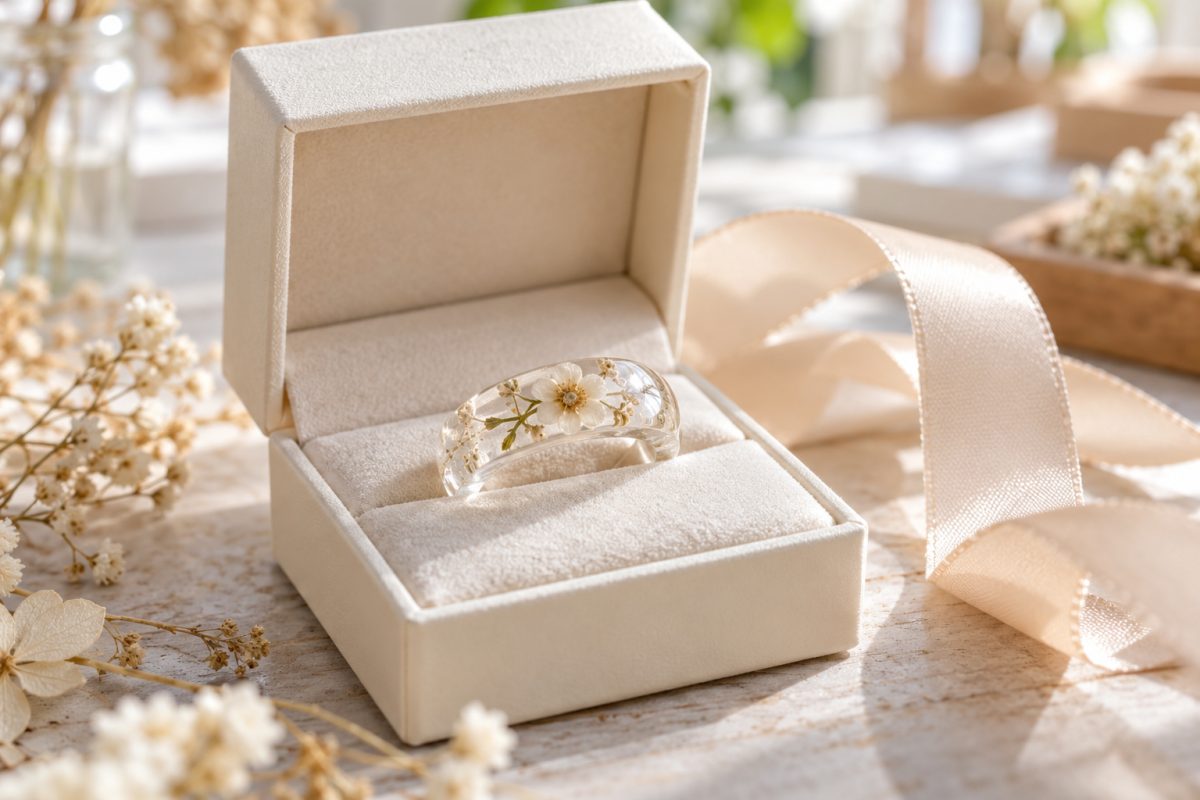 Bague en résine dans un écrin cadeau