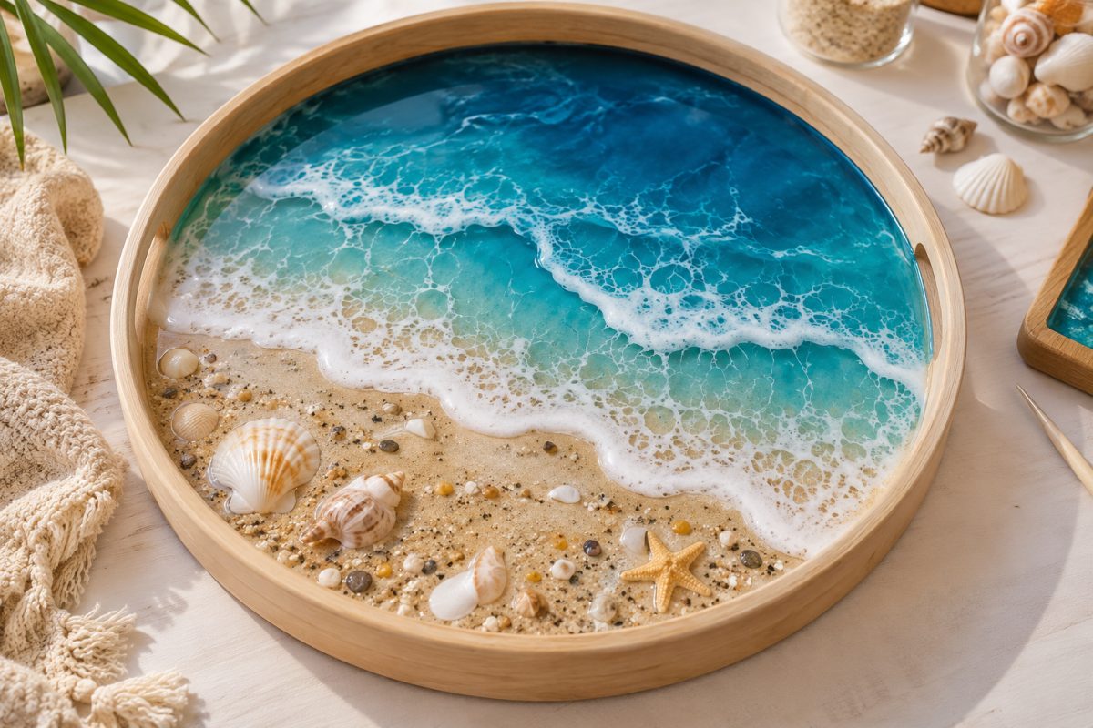 Coquillages et sable dans la résine
