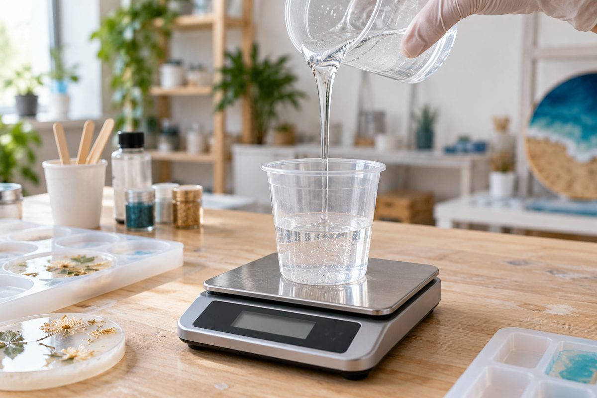 Dosage de la résine époxy sur une balance de précision