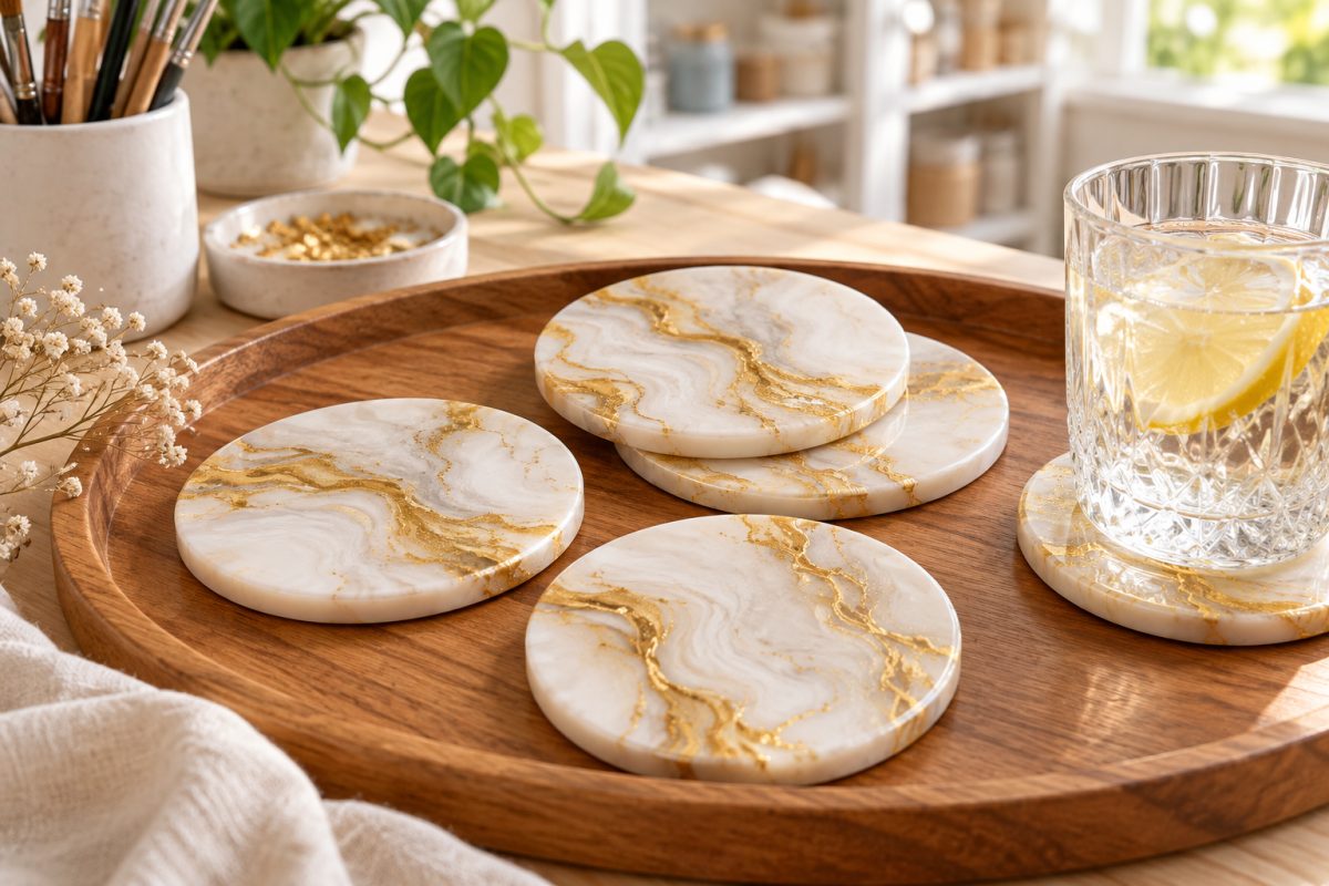 Sous-verres en résine effet marbre au mica doré