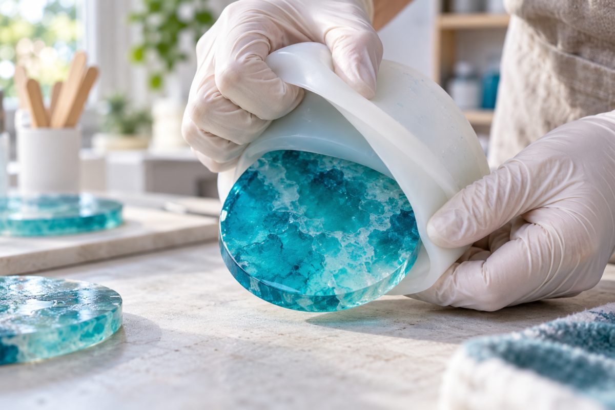 Résine durcie qui se décolle d'un gobelet en silicone