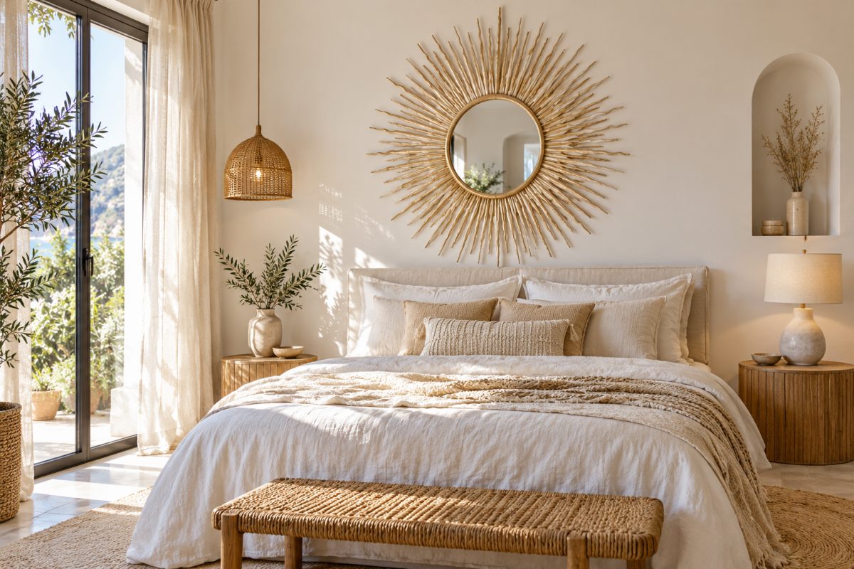 Miroir soleil en résine dans une chambre
