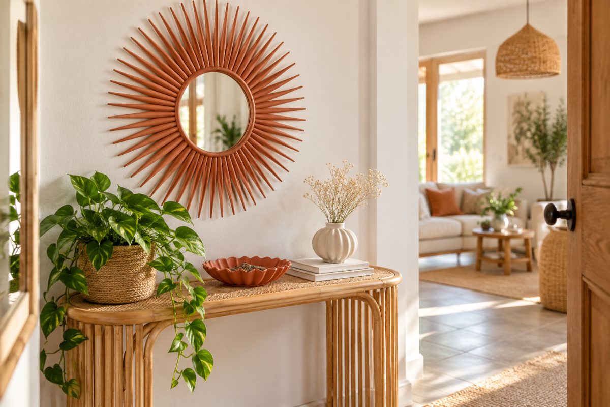 Miroir soleil en résine dans une entrée