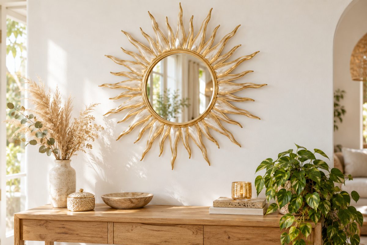 Miroir soleil en résine doré accroché au mur