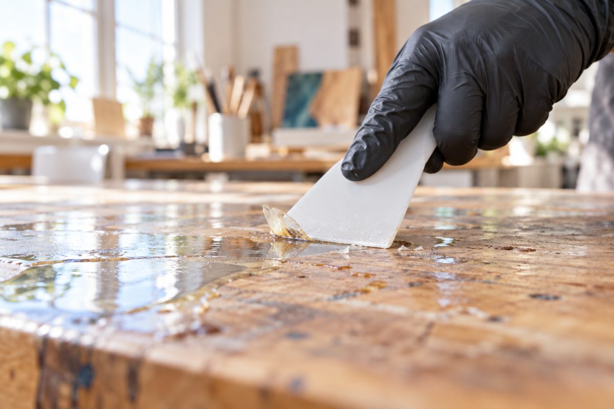 Nettoyage d'une coulure de résine sur une table