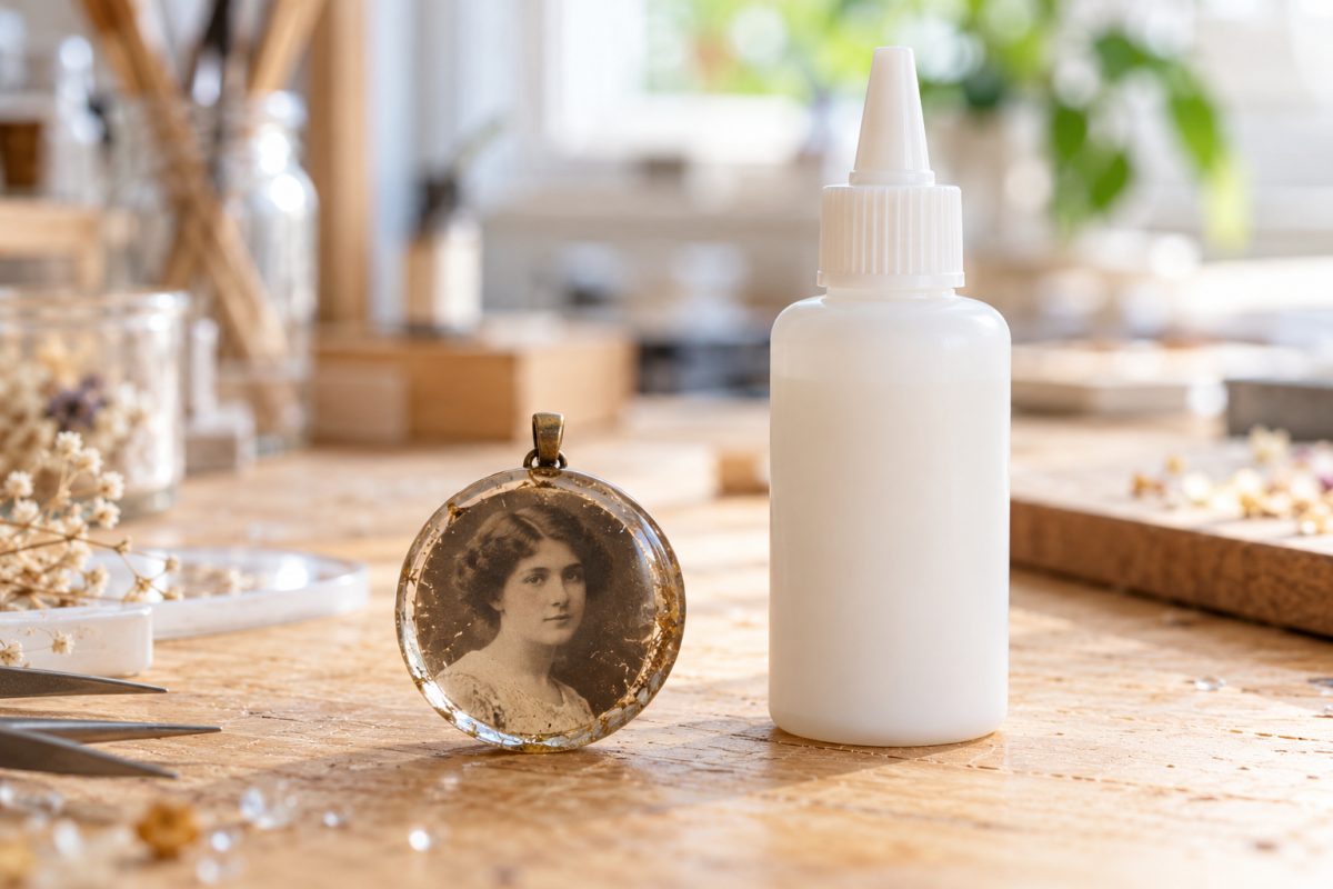 Photo scellée dans un pendentif en résine