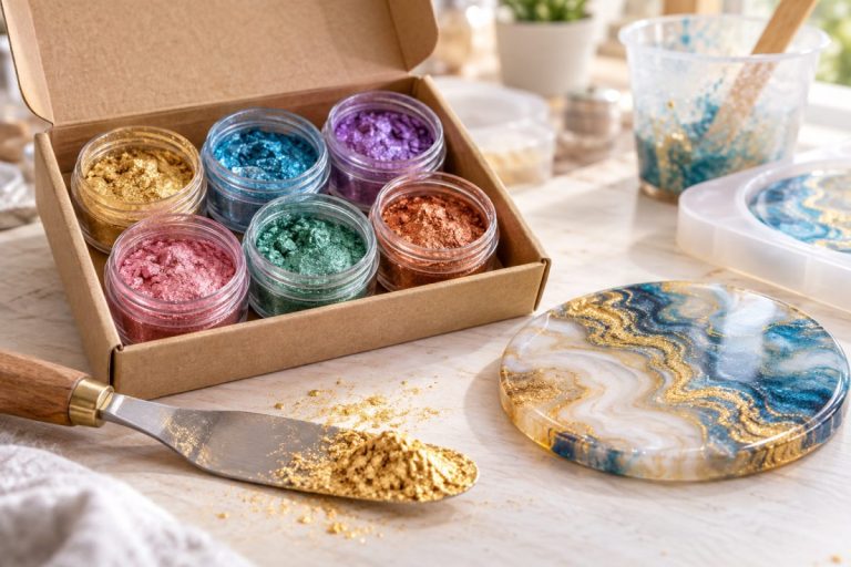 Poudre de mica pour résine en petits pots de couleurs