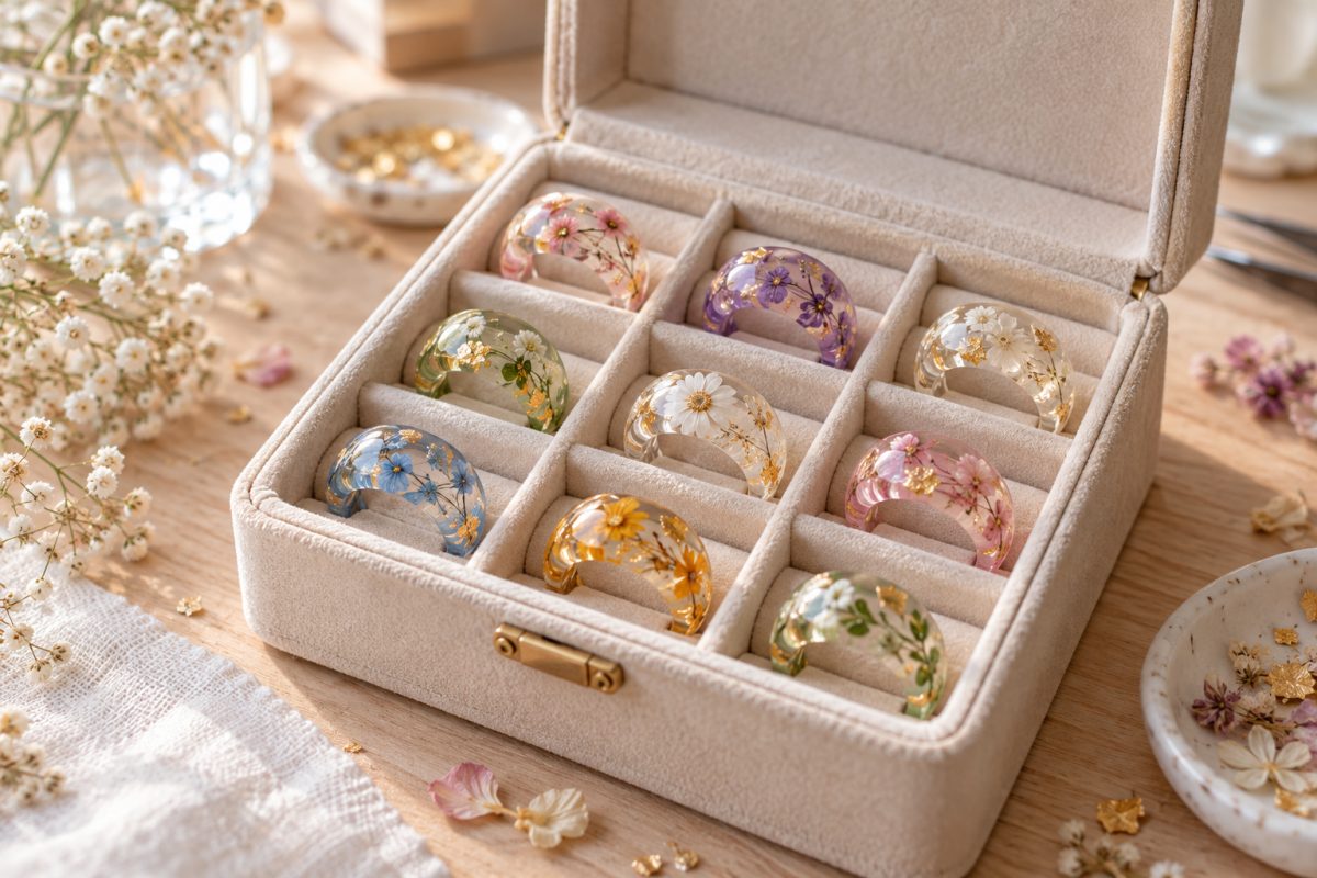 Bagues en résine rangées dans une boîte à bijoux