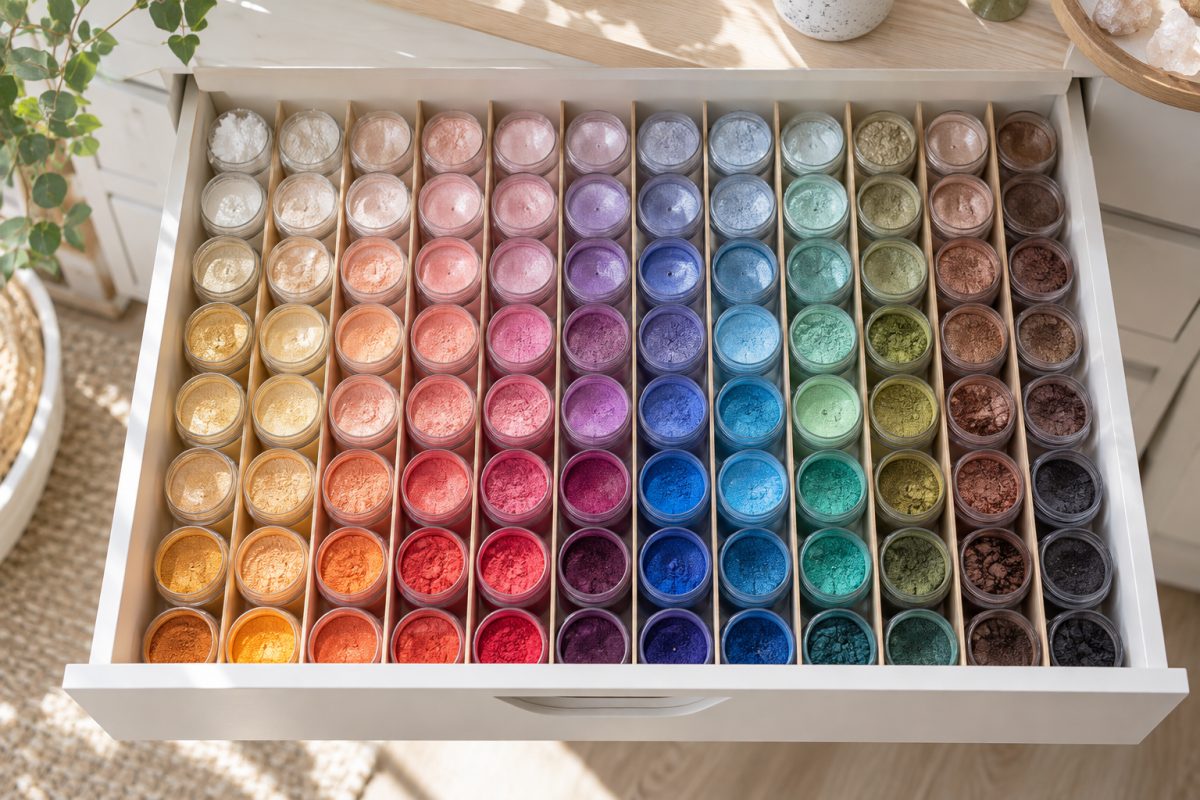 Rangement des poudres de mica par couleurs