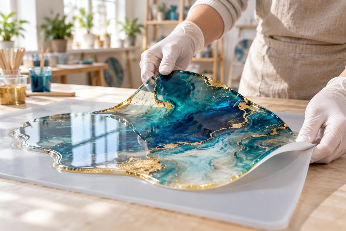 Surfaces où la résine n'adhère pas : résine durcie décollée d'un tapis en silicone