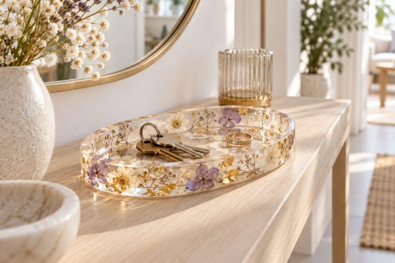 Vide-poche en résine aux fleurs séchées avec des clés et une bague