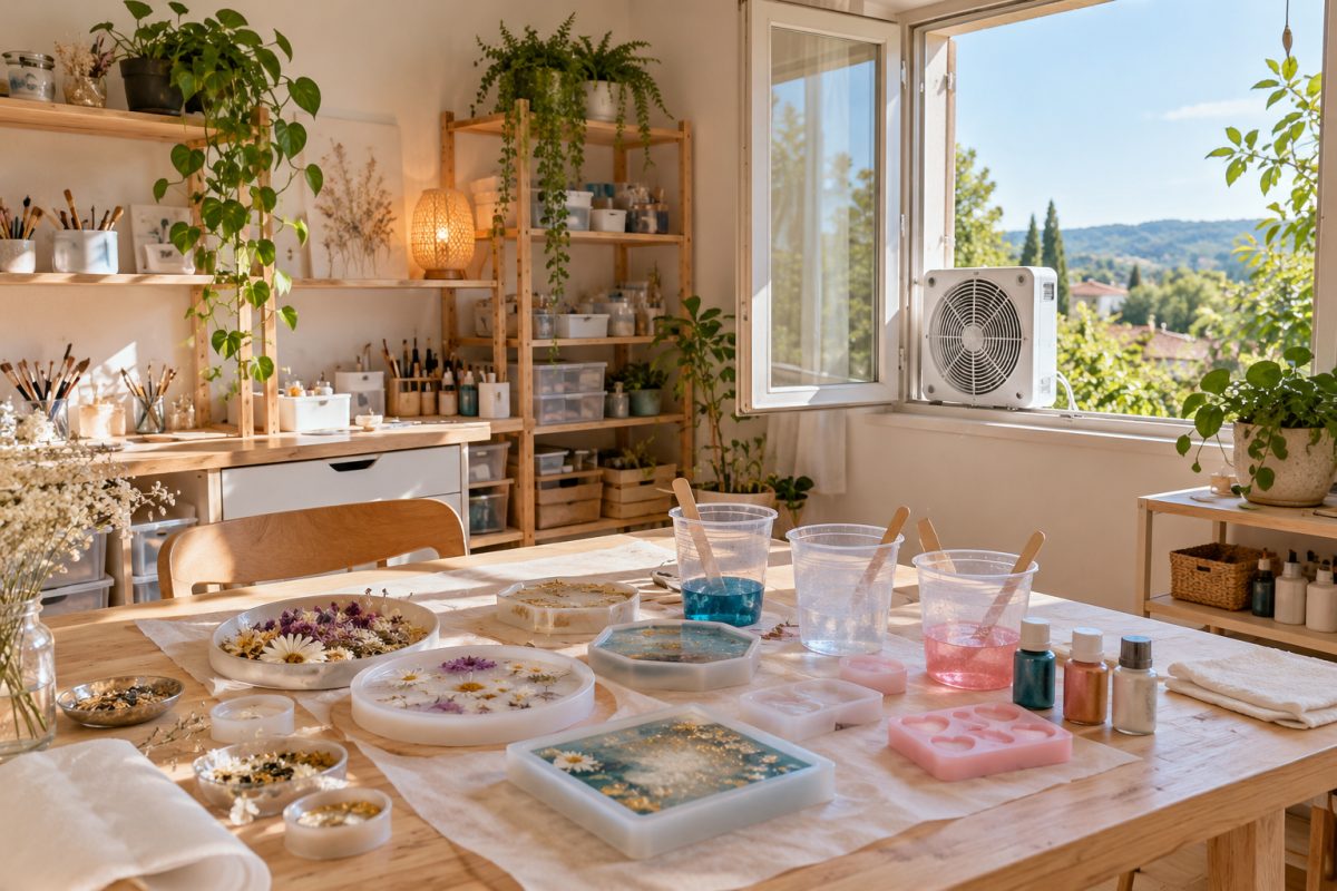 Atelier de résine bien aéré avec fenêtre ouverte