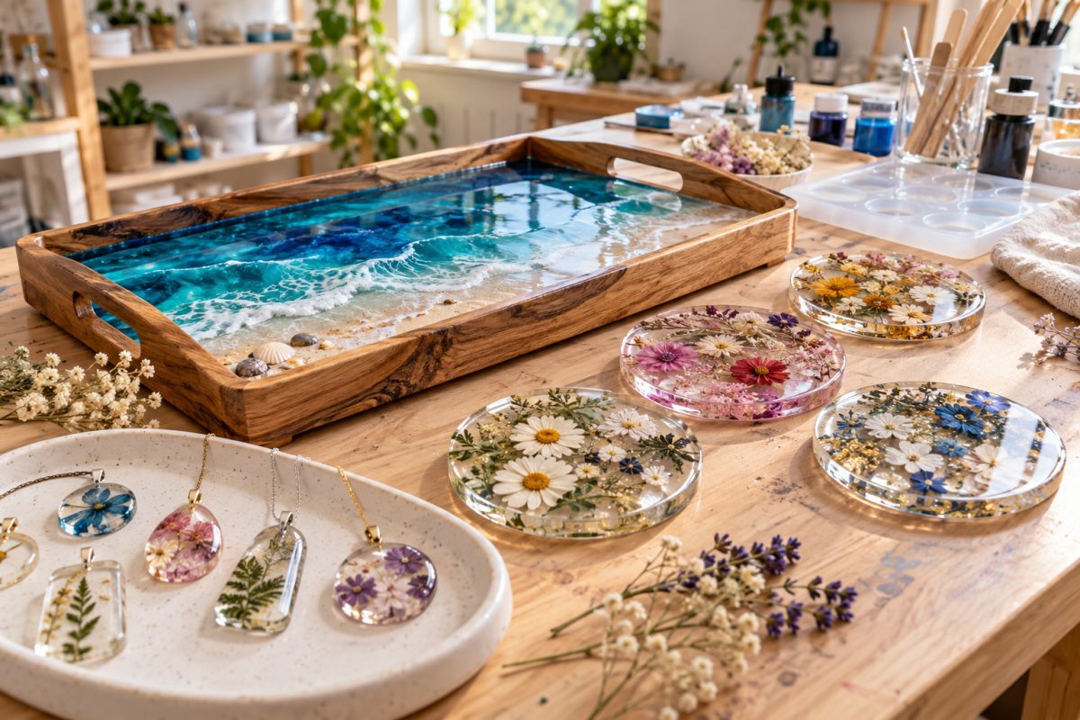 Créations en résine époxy : plateau, sous-verres et bijoux