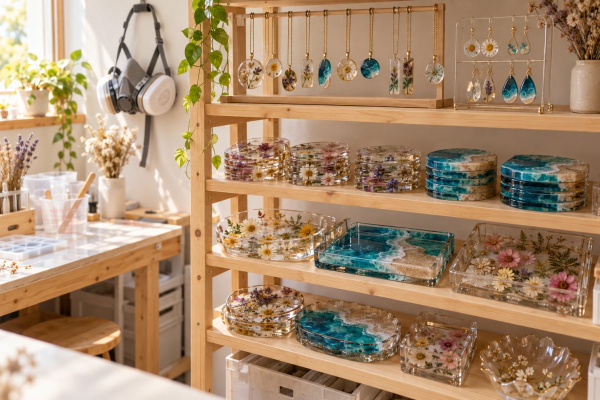 Créations en résine terminées dans un atelier sûr et rangé