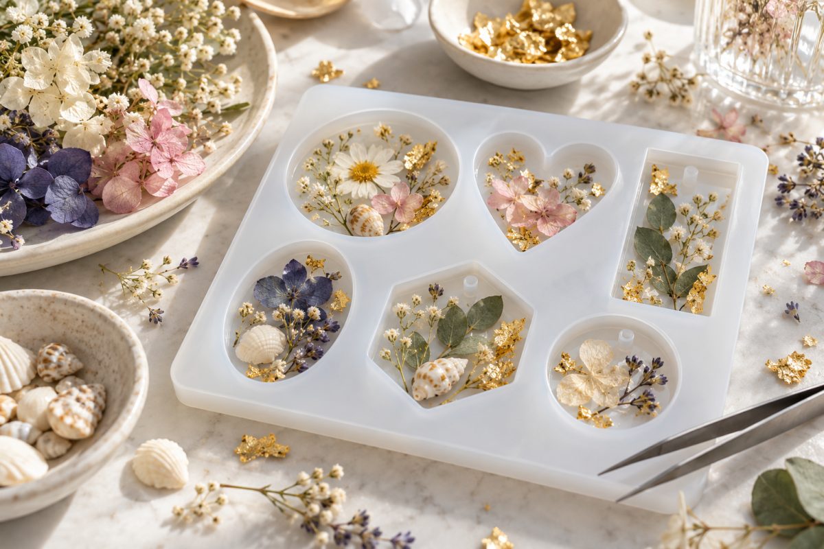 Inclusions dans la résine : fleurs séchées, feuilles d'or et coquillages